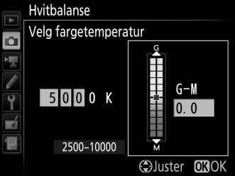 3 Velg en verdi for grønt-magenta. Trykk på 4 eller 2 for å markere G (grønn) eller M (magenta) aksen og trykk på 1 eller 3 for å velge en verdi.