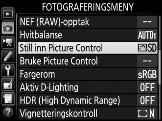 1 Velg Still inn Picture Control. Marker Still inn Picture Control i en av opptaksmenyene og trykk på 2. 2 Velg en Picture Control. Marker en Picture Control og trykk på J.