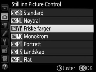 Endre Picture Controls Eksisterende forhåndsinnstilte eller egendefinerte Picture Controls (0 135) kan endres for å passe til motivet eller brukerens kreative hensikt.