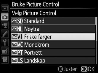 Marker Bruke Picture Control i en av opptaksmenyene og trykk på 2. 2 Velg Lagre/redigere.