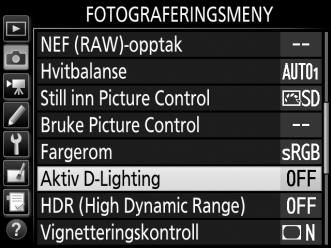 Bruke Aktiv D-Lighting: 1 Velg Aktiv D-Lighting. Marker Aktiv D-Lighting i fotograferingsmenyen og trykk på 2. 2 Velg et alternativ. Marker ønsket alternativ og trykk på J.