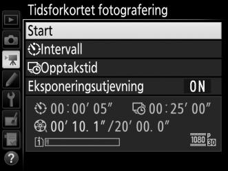 A Før opptaket Før du begynner med tidsforkortet fotografering, ta et testbilde med gjeldende innstillinger (komponer bildet i søkeren for å få en nøyaktig forhåndsvisning av eksponeringen) og