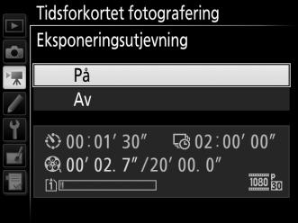 eksponeringskontroll M hvis automatisk ISOfølsomhetskontroll er på). 3 Start opptaket. Marker Start og trykk på J. Tidsforkortet fotografering starter etter rundt 3 s.