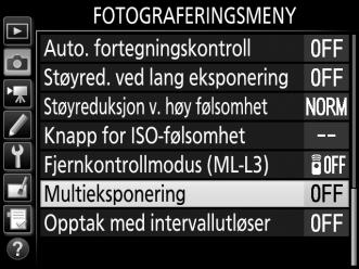 Multieksponering (Kun eksponeringskontroll P, S, A og M) Følg trinnene nedenfor for å ta opp en serie med to eller tre NEF (RAW)-eksponeringer i ett enkelt fotografi.