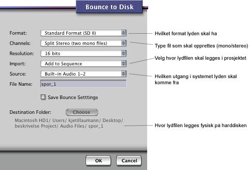 6.8.1 Bounce to Disk Akseserres med: Meny: Audio -> Bounce to Disk.. Tastekombinasjon: Ctrl - J Beskrivelse: Bounce to disk brukes for å lage nye lydfiler av en eller flere lydfiler i prosjektet.