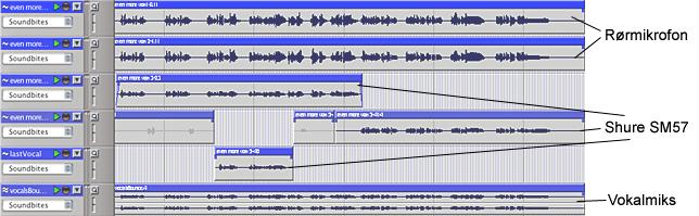 Figur 10.16: Bilde av vokalsporene med de forskjellige mikrofonene. Vokalmiksen ligger nederst Jeg opprettet en egen stereogruppe som de to vokalsporene ble sendt til.
