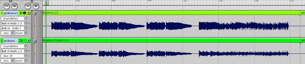 Figur 10.21: Bilde av det gamle bouncede sporet av gitar 2 øverst. Det nederste er siste versjon som er laget med Freeze Selected Tracks [LYD: gitar2 før den nye prosesseringen (Lyd 10-42.