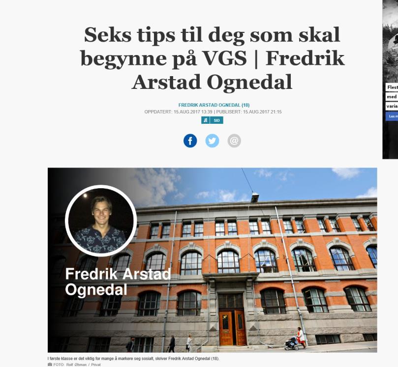 Seks tips til deg som skal begynne på VGS SiD, Aftenposten 16.08.2017 https://www.