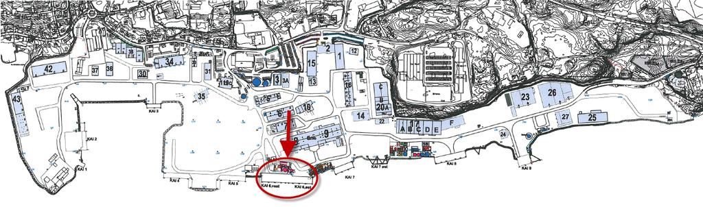 10.5 Oversikt informasjoner 6 øst og vest Generelle opplysninger kai 6 øst og vest: (Kontrollert område) Dybde v/llv : 10,0m Lengde kai : 160,0m Høyde kai : K+2,78 Retning kai (360g) : 272,2