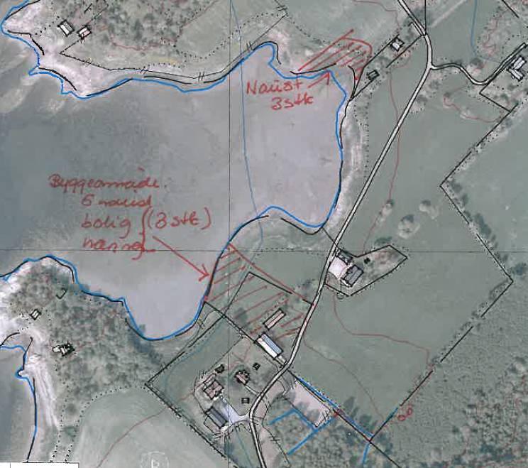 Areal skravert med rødt er omsøkt byggeområde Ettersendt tunplan som viser