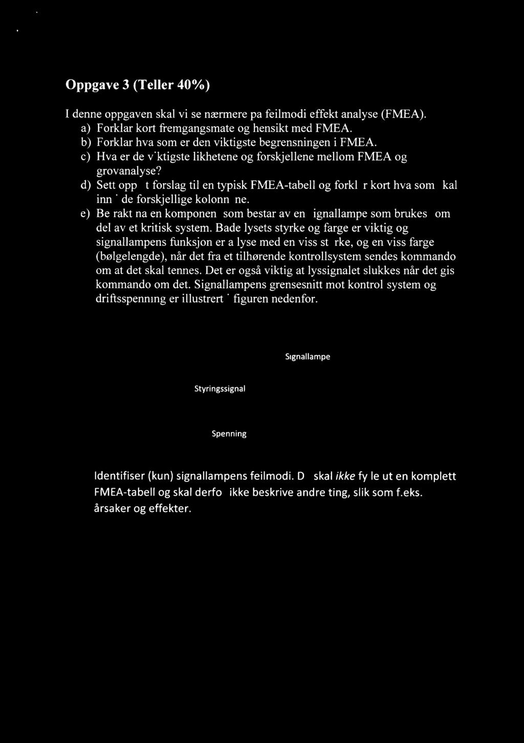 Oppgave 3 (Teller 40%) I denne oppgaven skal vi se nærmere på feilmodi effekt analyse (FMEA). Forklar kort fremgangsmåte og hensikt med FMEA. Forklar hva som er den viktigste begrensningen i FMEA.