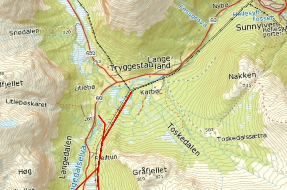 3.1.3 Skildring av trasé Seksjon B-2 Trasé for seksjon B-2 er synt i vedlagd oversiktskart og detaljkart blad 4-5, sjå vedlegg 1 og 2.