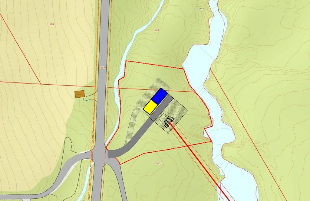 Stasjonsalternativ B-2-f: Stasjonen er tenkt plassert mellom Fv 60 og elva, sør for Litlebø, sjå Figur 9. Det innegjerda stasjonsarealet for alt. B-2-f vil utgjere ca.