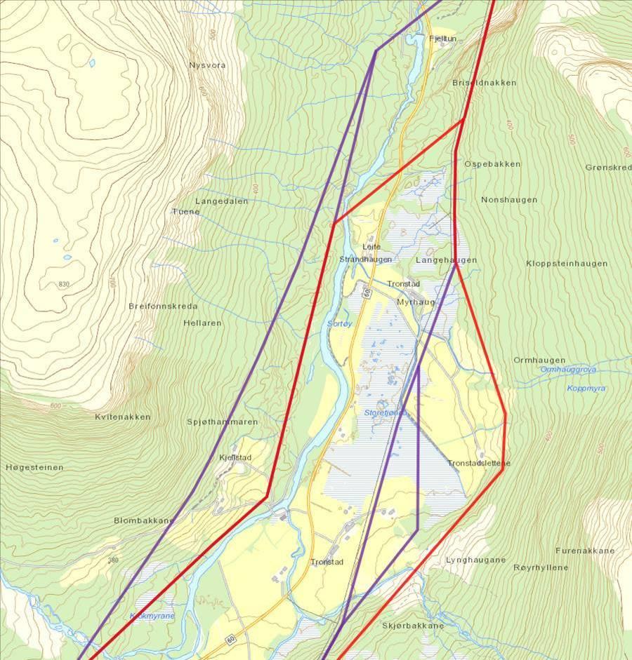 For ulike vurderte traséalternativ ved Tronstad sjå Figur 19. B-1-a: Alternativet tek utgangspunkt i parallellføring med eksisterande 22 kv leidning.