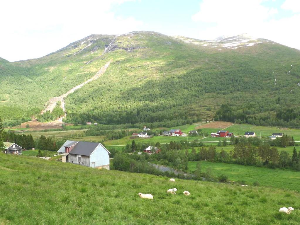 Figur 24 Jordbruk ved Tronstad. Alternativ B-1-f passerer i randsona mellom elv og teigen i framkant av biletet. Alternativ B-1-c passerer i bakkant av dyrka mark på motsett side av dalen. 8.2.4 Skogbruk Det er skogsdrift langs trasé for spenningsoppgradering og ny 66(132) kv leidning.