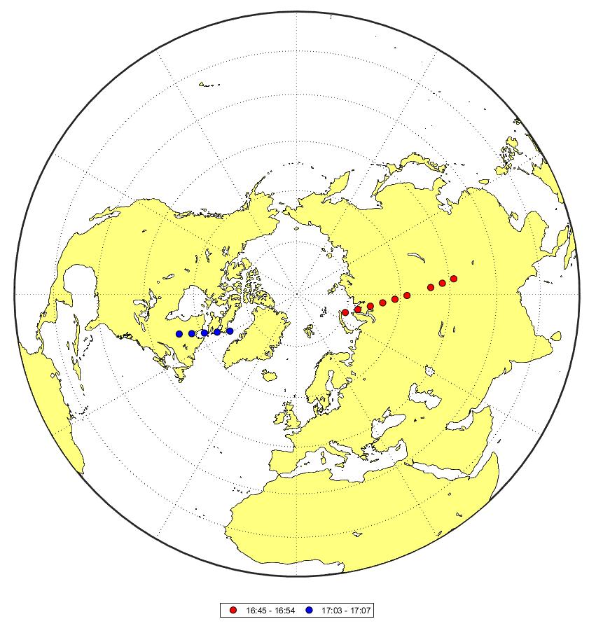 Figur 4.9 Projeksjonspunktene til AISSat-1 i tidsperiodene 16:45-16:54 og 17:03-17:07 plottet på verdenskart med nordpolar asimutal projeksjon.