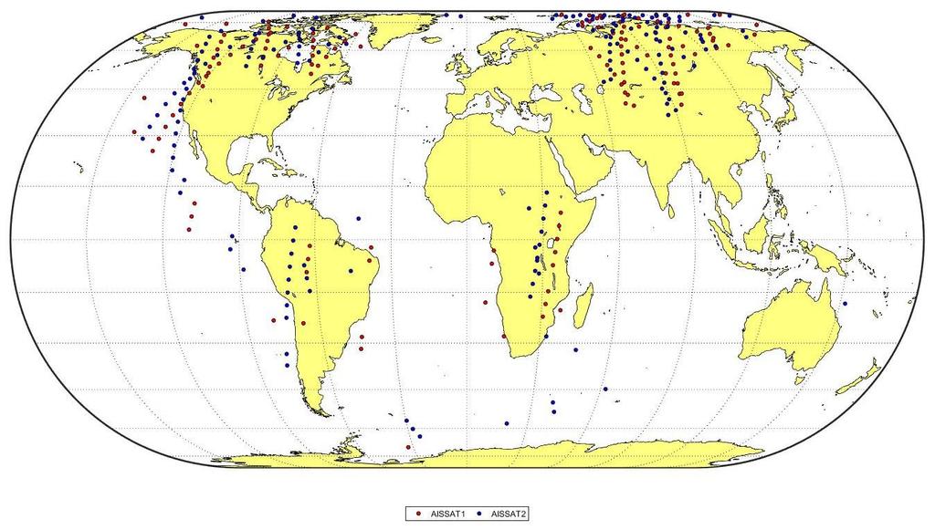 Figur 4.10 Projeksjonspunktene til satellittene plottet på verdenskart.