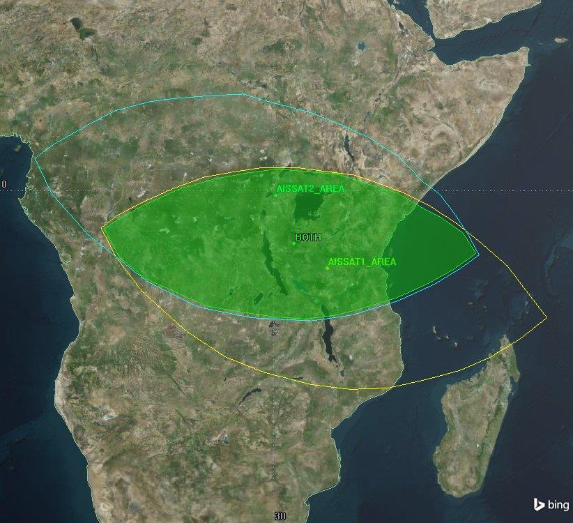 Figur 4.13 Interesseområdet er fremhevet i grønt. Dette området er felles for AISSat-1 og AISSat-2 gjennom hele perioden med avvik.