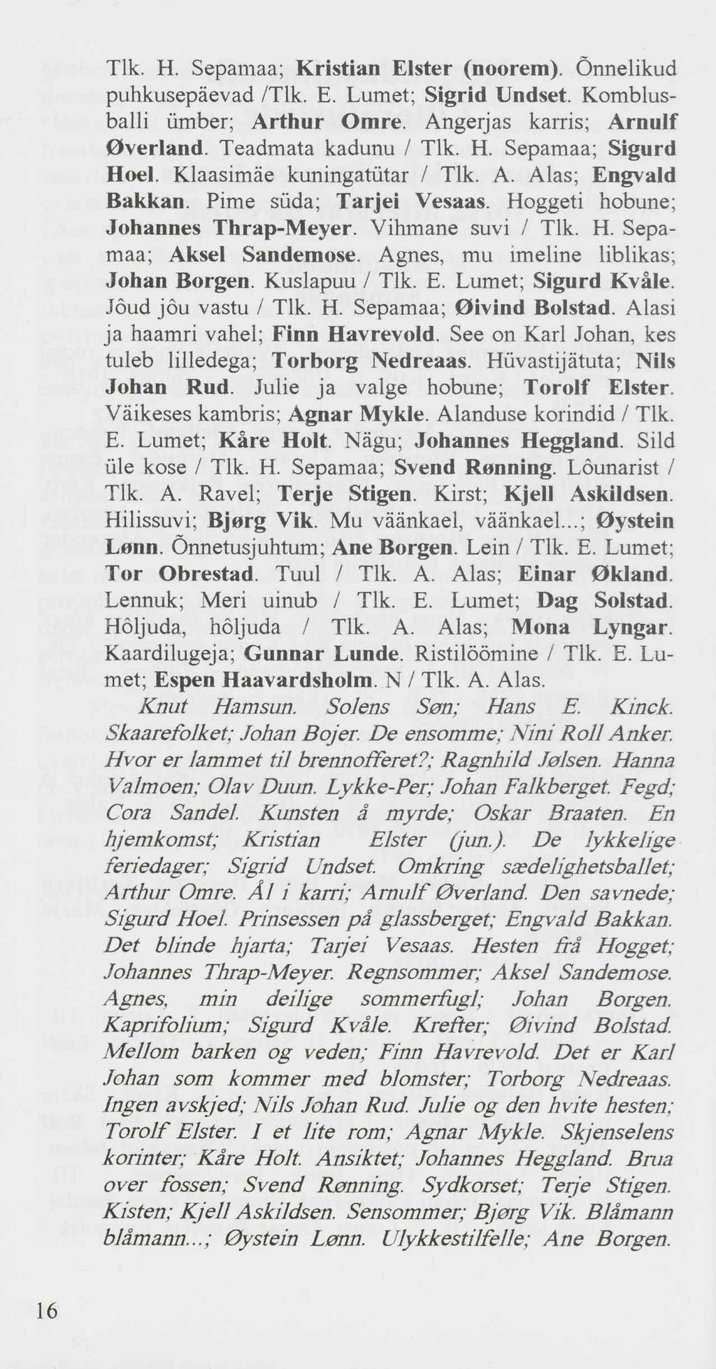 Tlk. H. Sepamaa; Kristian Elster (noorem). Õnnelikud puhkusepäevad /Tlk. E. Lumet; Sigrid Undset. Komblusballi ümber; Arthur Omre. Angerjas karris; Arnulf 0verland. Teadmata kadunu / Tlk. H. Sepamaa; Sigurd Hoel.