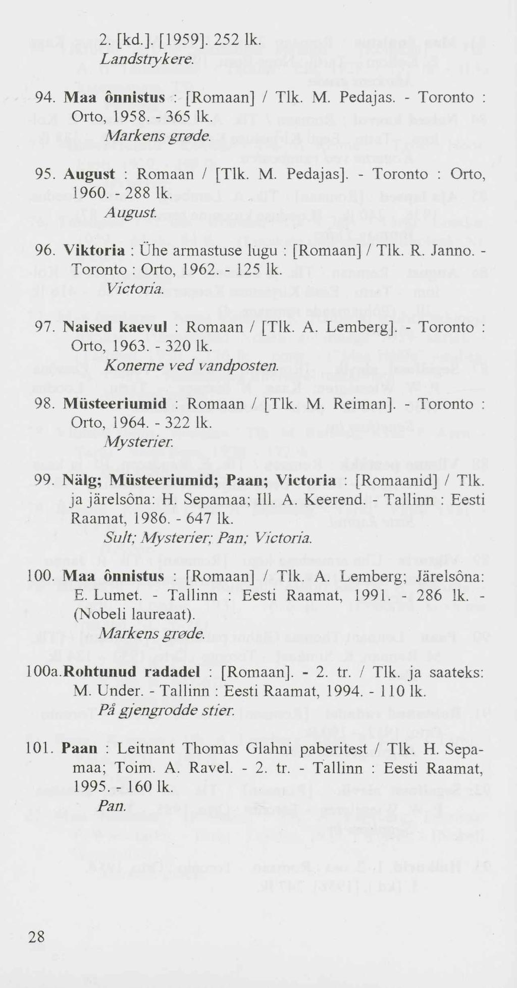 2. [kd.]. [1959]. 252 lk. Landstrykere. 94. Maa õnnistus : [Romaan] / Tlk. M. Pedajas. - Toronto : Orto, 1958. - 365 lk. Martens erode. 95. August : Romaan / [Tlk. M. Pedajas]. - Toronto : Orto, i960.