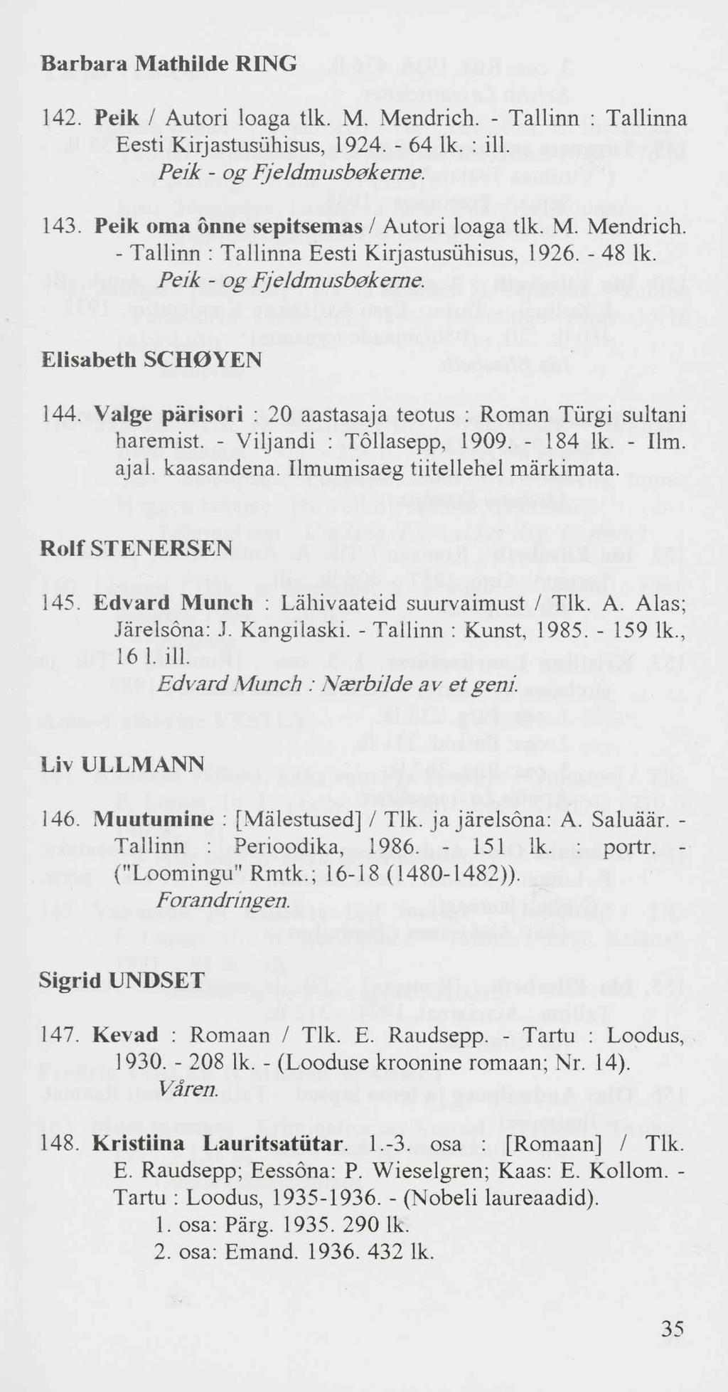 Barbara Mathilde RING 142. Peik / Autori loaga tlk. M. Mendrich. - Tallinn : Tallinna Eesti Kirjastusühisus, 1924. - 64 lk. : iil. Peik - og Fjeldm usbek erne. 143.