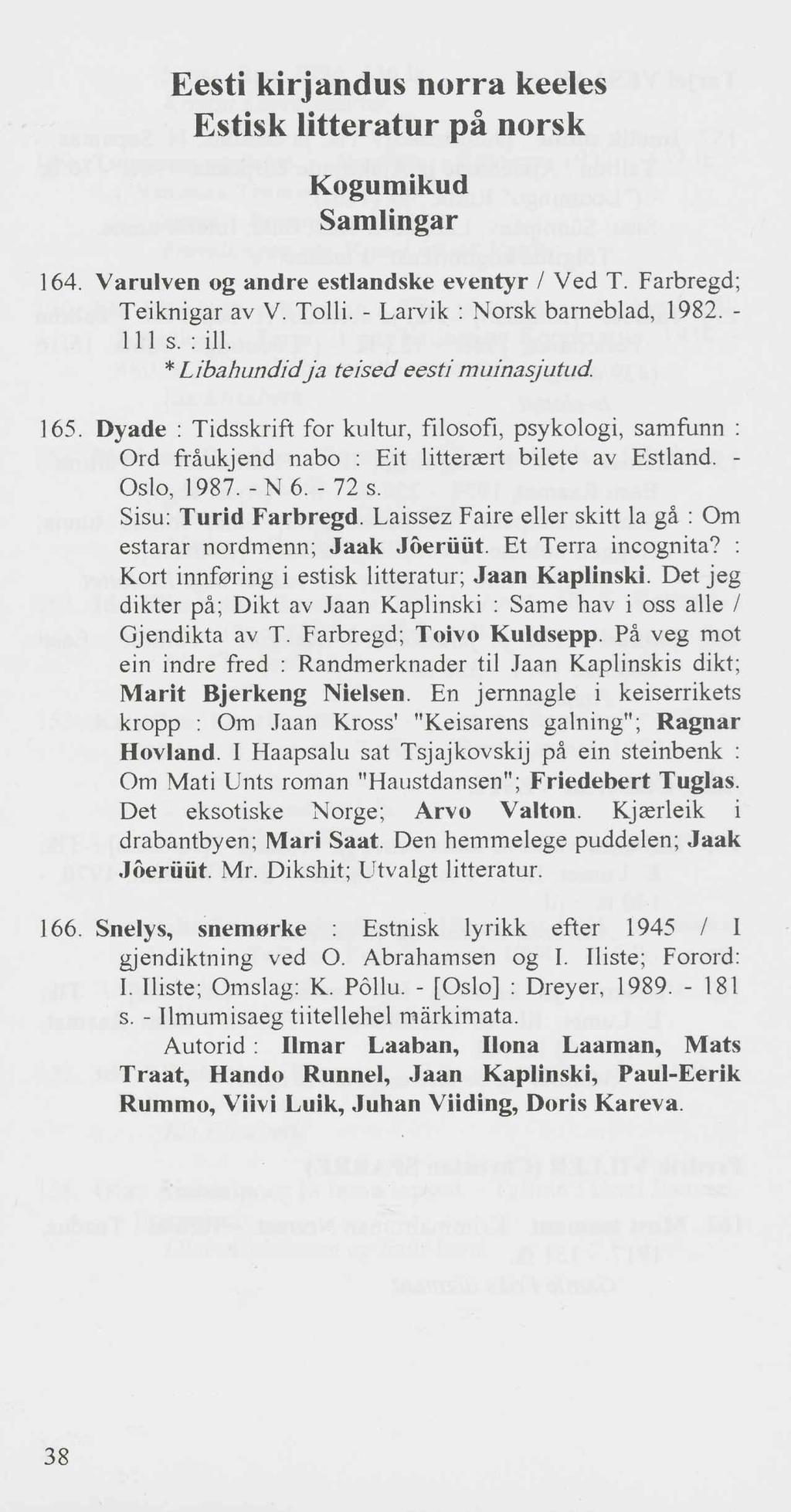 Eesti kirjandus norra keeles Estisk litteratur pa norsk Kogumikud Samlingar 164. Varulven og andre estlandske eventyr / Ved T. Farbregd; Teiknigar av V. Tolli. - Larvik : Norsk barneblad, 1982.