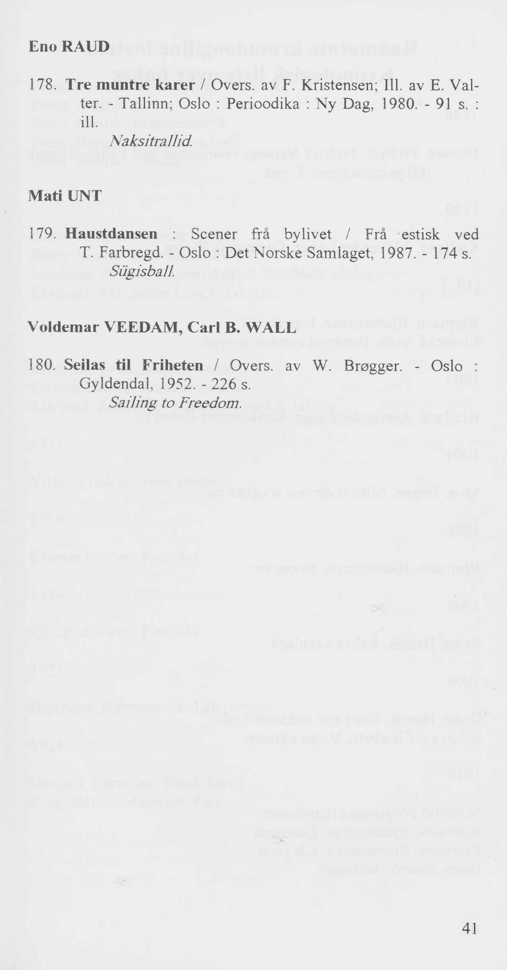 Eno RAUD 178. Tre muntre karer / Overs, av F. Kristensen; 111. av E. Valter. - Tallinn; Oslo : Perioodika : Ny Dag, 1980. - 91 s. : iil. Naksitrallid. Mati UNT 179.