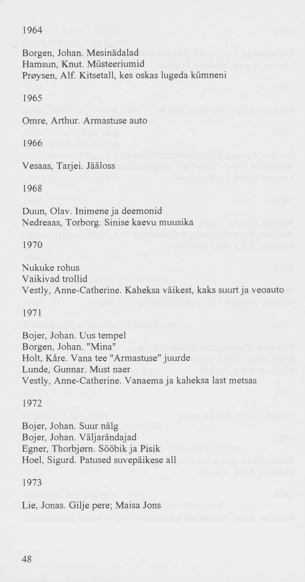 1964 Bergeri, Johan. Mesinädalad Hamsun, Knut. Müsteeriumid Proysen, A If. Kitsetall, kes oskas lugeda kümneni 1965 Omre, Arthur. Armastuse auto 1966 Vesaas, Tarjei. Jääloss 1968 Duun, Olav.