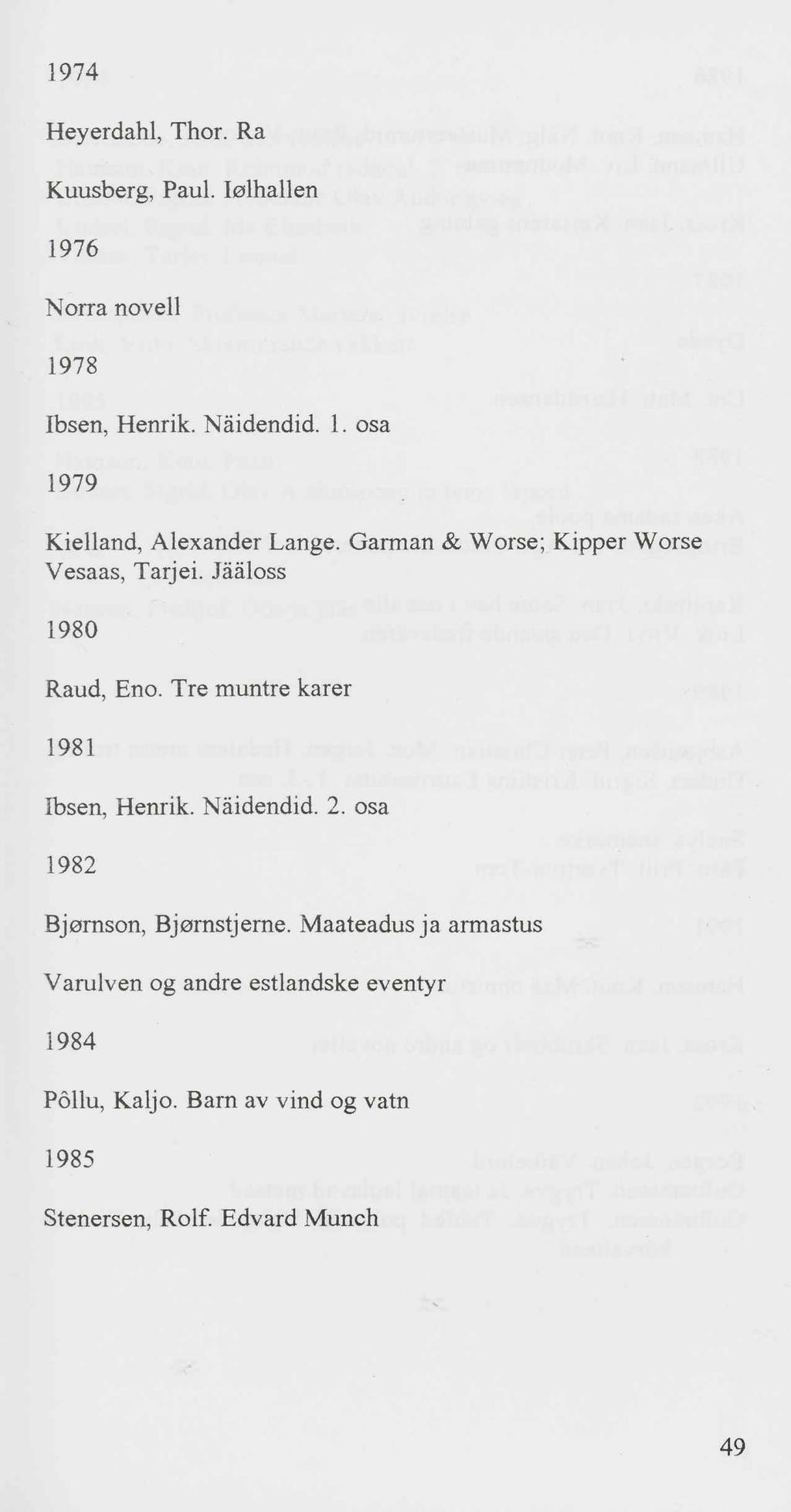 1974 Heyerdahl, Thor. Ra Kuusberg, Paul. Iolhallen 1976 Norra novell 1978 Ibsen, Henrik. Näidendid. 1. osa 1979 Kielland, Alexander Lange. Garman & Worse; Kipper Worse Vesaas, Tarjei.