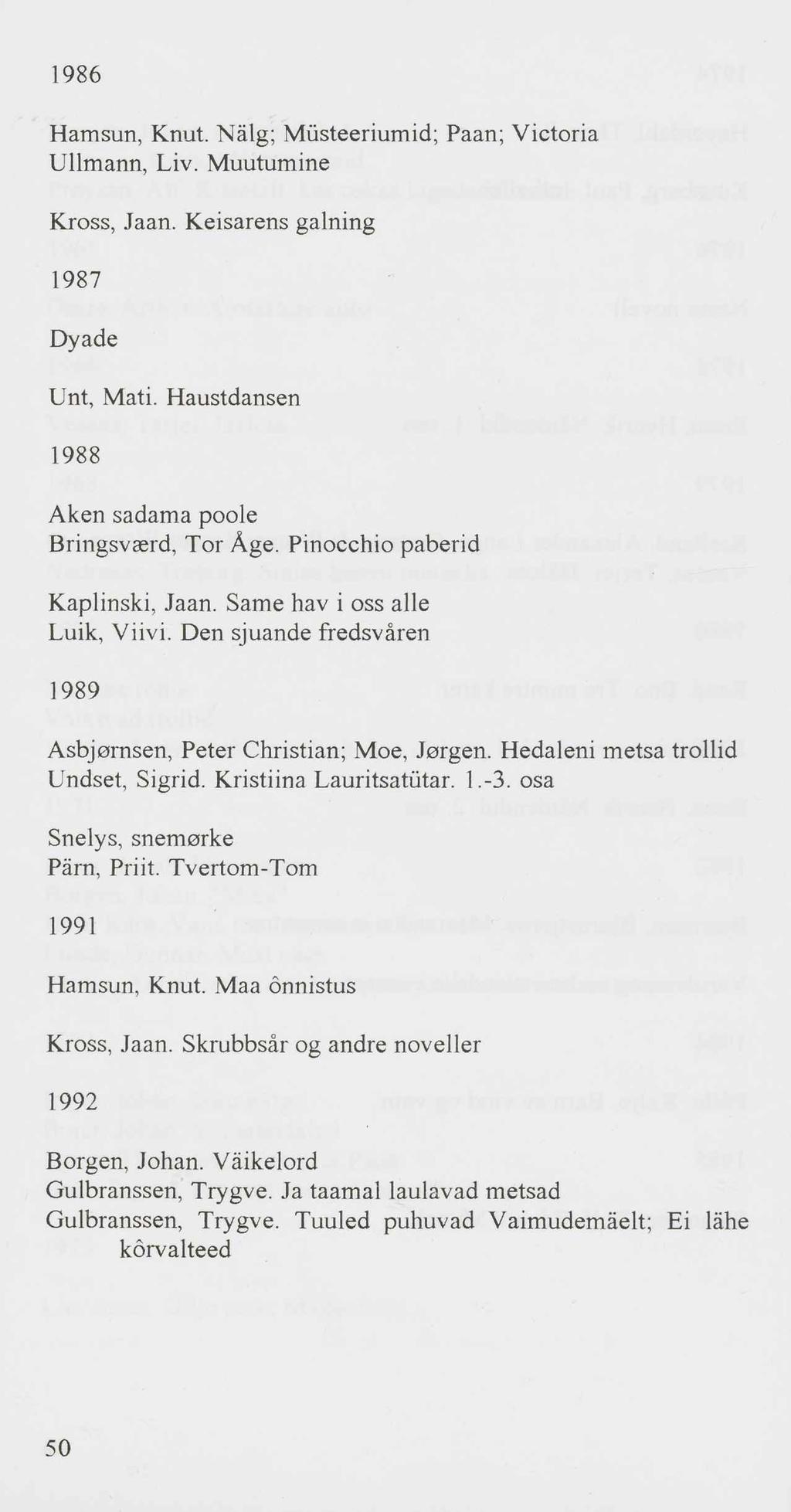 1986 Hamsun, Knut. Nälg; Müsteeriumid; Pään; Victoria Vilmann, Liv. Muutumine Kross, Jaan. Keisarens gaining 1987 Dyade Unt, Mati. Haustdansen 1988 Aken sadama poole Bringsvasrd, Tor Äge.