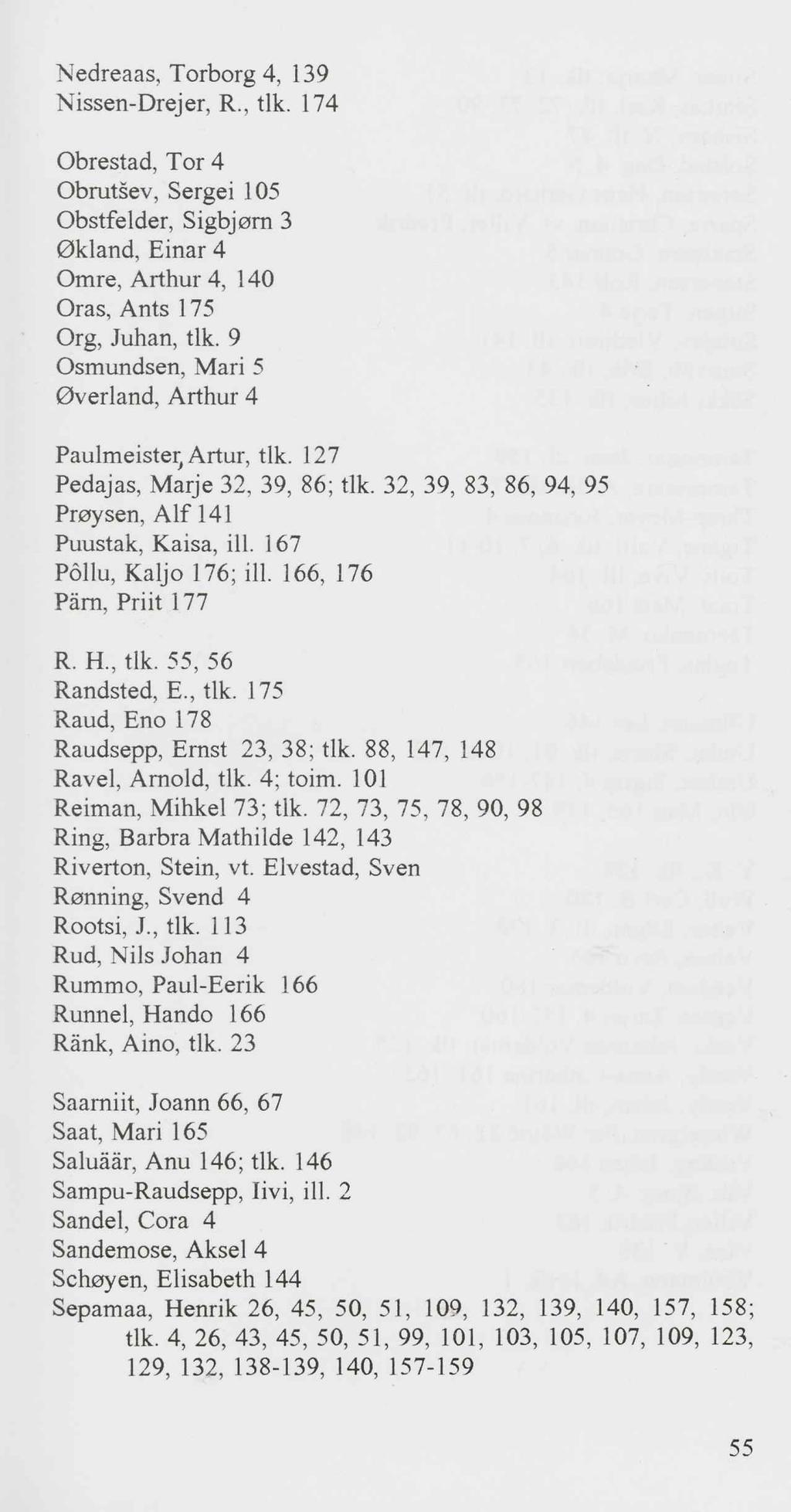 Nedreaas, Terberg 4, 139 Nissen-Drejer, R., tlk. 174 Obrestad, Tor 4 Obrutšev, Sergei 105 Obstfelder, Sigbjem 3 0kland, Einar 4 Omre, Arthur 4, 140 Oras, Ants 175 Org, Juhan, tlk.