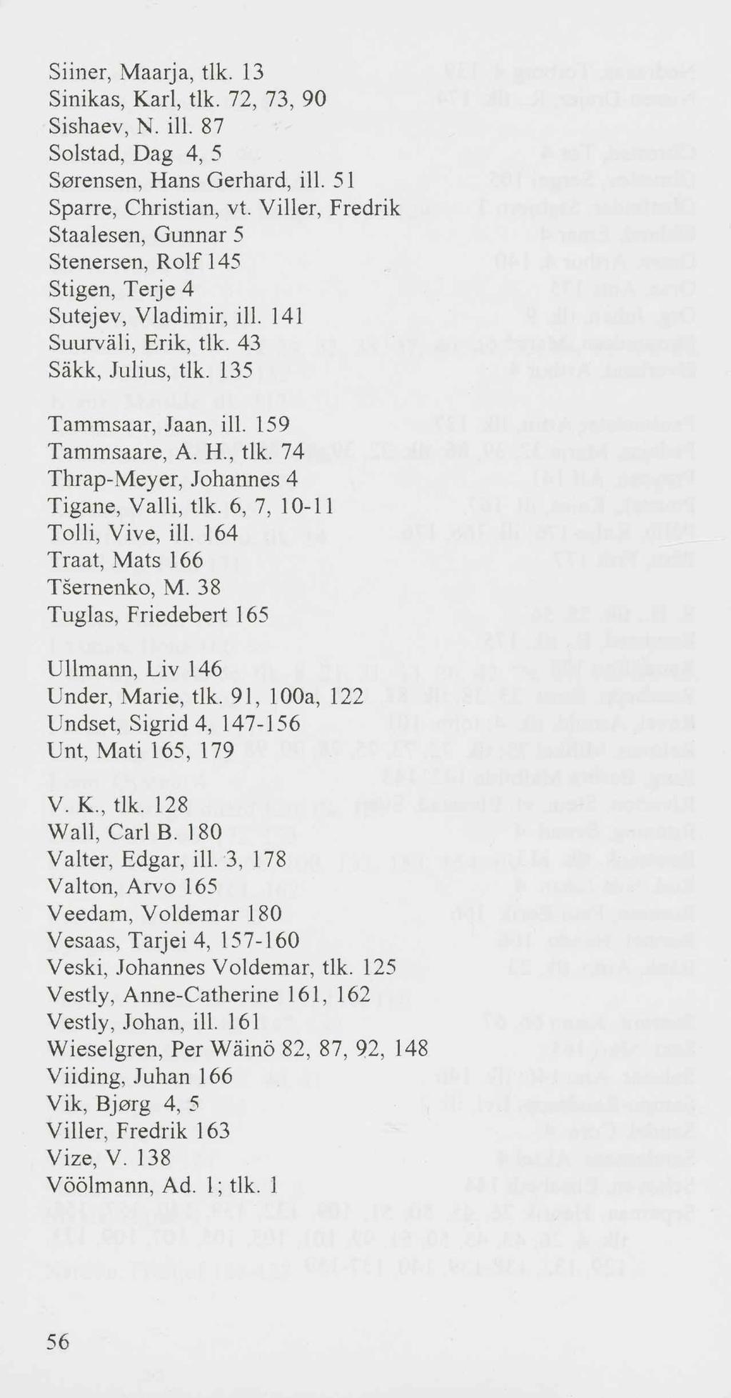 Siiner, Maarja, tlk. 13 Sinikas, Karl, tlk. 72, 73, 90 Sishaev, N. iil. 87 Solstad, Dag 4, 5 Sorensen, Hans Gerhard, iil. 51 Sparre, Christian, vt.