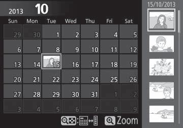 W (Q)-knapp Kalenderavspilling For å vise bilder som er tatt på en valgt dato (kalenderavspilling), trykker du på W (Q)-knappen når 80 bilder vises.