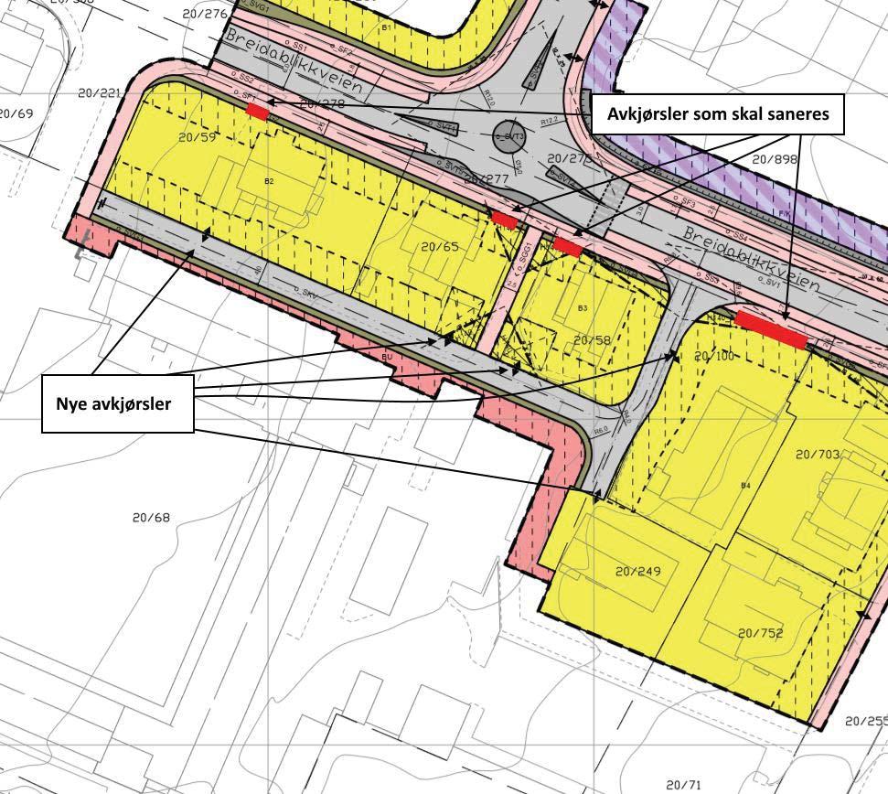 Figur 8 Viser ny felles avkjørsel og avkjørslene som saneres. ROS-analyse Analysen dekker i størst grad trafikksikkerhet og sårbarhet ved vegen.