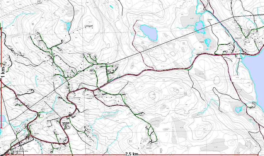 Ovenfor vises utsnitt fra økonomisk kartverk hvor den gamle Statnett-traseen for Follum- Minne linja vises med svart strek på strekket fra Stubne til Skjerva.