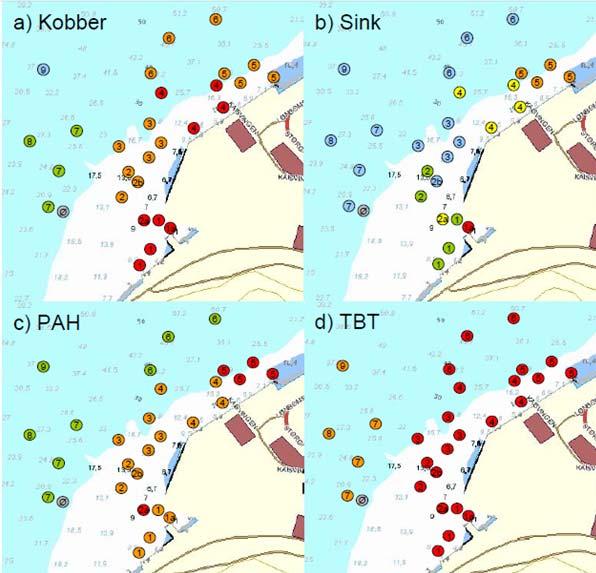 Figur 2. Kart som viser stasjoner for undersøkelser av miljøgifter i sediment. For hver stasjon er tilstandsklasse (cf. TA-2229/2007) angitt (kilde: Norconsult 2008) 1.2.2 Kommunalt utslipp Kommunal kloakk fra Kirkenes går i hovedsak ut i fjæra eller på grunt vann uten noen spesiell rensing.