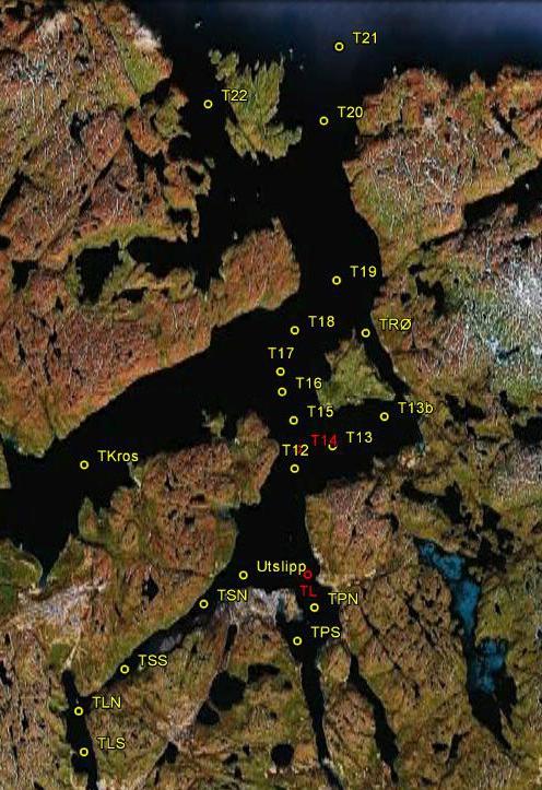 Figur 5 Oversikt over stasjonene for turbiditetsmålingene i Bøkfjorden 20.-22. september 2011. Noen stasjoner er merket i rød farge for å gjøre dem synligere.