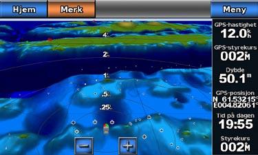 Kart- og 3D-kartvisninger 2. Gjør følgende: Velg På for å vise grunt vann og land med en fargeskala. Blått viser dypt farvann, gult viser grunt farvann, og rødt viser svært grunt farvann.