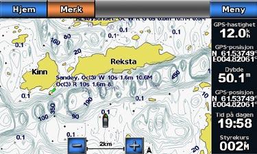 Kart- og 3D-kartvisninger Fiskekart Navigasjonskart Fiskekartet bruker detaljerte batymetriske data på et forhåndsprogrammert BlueChart g2 Visiondatakort og fungerer best ved dyphavsfiske.