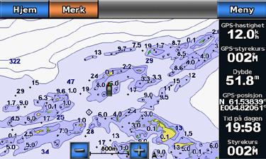 Vise navigeringshjelpemidler Velg Kart > Fiskekart > Meny > Bøyer > På i skjermbildet Hjem. Vise overleggstall Se Overleggstall (side 53).