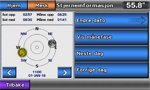 Almanakk-, omgivelses- og om bord-data Stjerneinformasjon Skjermbildet Stjerneinformasjon viser informasjon om soloppgang, solnedgang, måneoppgang, månenedgang, månefase og omtrentlig plassering av