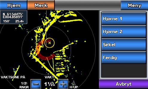 Radar 4. Trykk på plasseringen av det ytre vaktsonehjørnet. 5. Velg Ferdig. Definere en sirkulær vaktsone Du må aktivere en vaktsone før du kan definere sonens grenser (side 63).