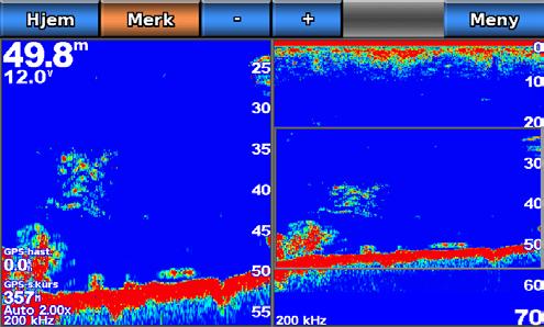 Ekkolodd Ekkoloddvisning med splittet zoom Ekkoloddvisning med splittet zoom viser en graf med ekkoloddavlesninger og en forstørret del av den grafen på samme skjermbilde.