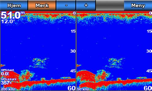 Dybde, fart i vann og enhetsspenning Zoomet dybdeskala GPS-hastighet og GPS-kurs Zoomnivå Zoomvindu Skala Svingerfrekvens Splittet zoom-visning for ekkolodd Ekkoloddvisning med splittet frekvens I