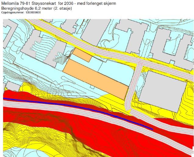 Side 19 Støyberegning med innlagt skjerm, beregningshøyde 6,2 m til venstre (2.etg) og 9,7 meter (3.etg) på illustrasjonen til høyre.