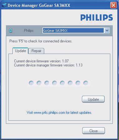 9 Oppdatere fastvaren gjennom Philips Device Manager» enheten. Installere Philips Device Manager 1 Koble MINI til en PC.