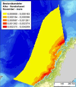 Figur E -3 Fordeling av alke (Alca torda) i Norskehavet, i sommer (april-juli), høst (august-november) og vintersesongen (november-mars), basert på
