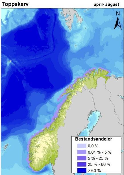 Figur E-39 Nasjonal bestandsfordeling av toppskarv og ærfugl