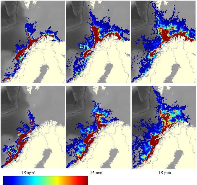 september for årene 2008-2009. Datasettene er generert av Havforskningsinstituttet med sin høyoppløselige operasjonelle larvedriftsmodell (se Figur E-44).