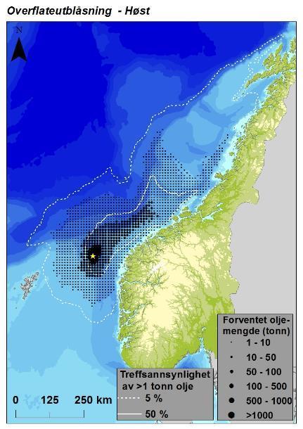 Figur 3-1 Sesongvise forventede treff av oljemengder ( 5 % treff av > 1 tonn olje) i 10 10 km sjøruter gitt en overflateutblåsning fra letebrønn 34/2-5 S.